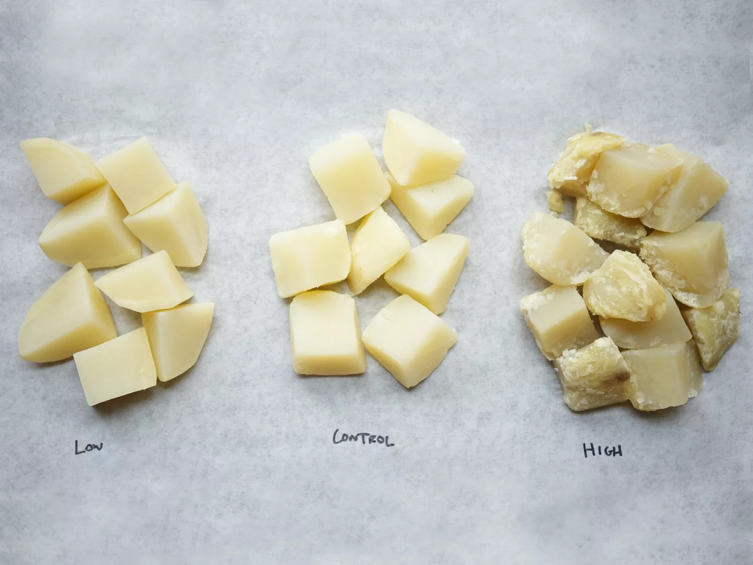 Rivoluziona la tua cucina di verdure con questo semplice trucco 2 Potatoes cooked with different PH balances, labeled Low, Control, and High on parchment paper