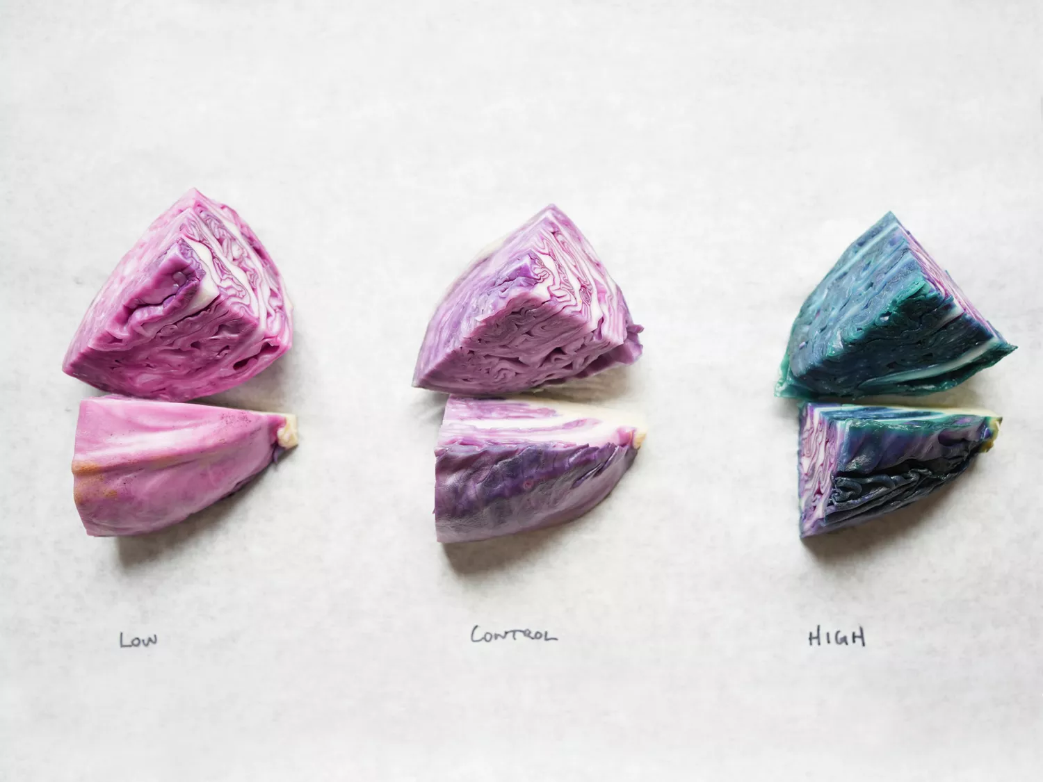 Rivoluziona la tua cucina di verdure con questo semplice trucco 6 Cabbage cooked with different PH balances, labeled Low, Control, and High on parchment paper